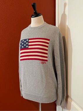 Chaps Ralph Lauren Men’s Vintage Gray American Flag Knit Pullover Crew Sweater